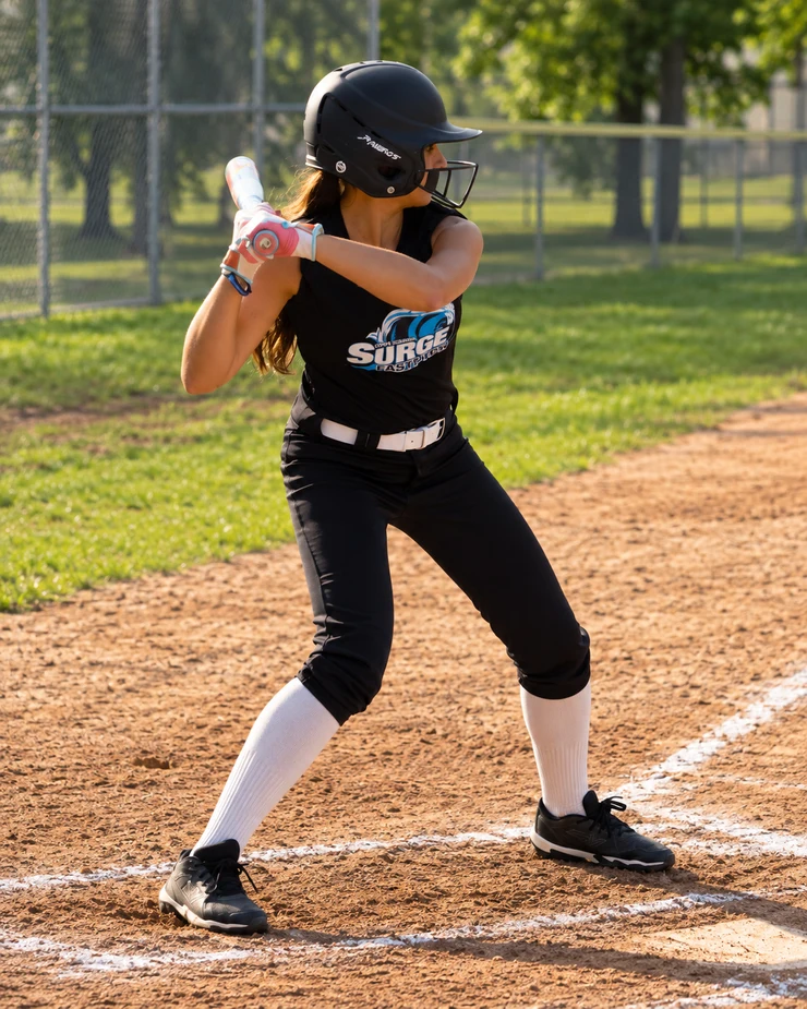 Edited portrait of Adriana Burmeister batting on a softball field