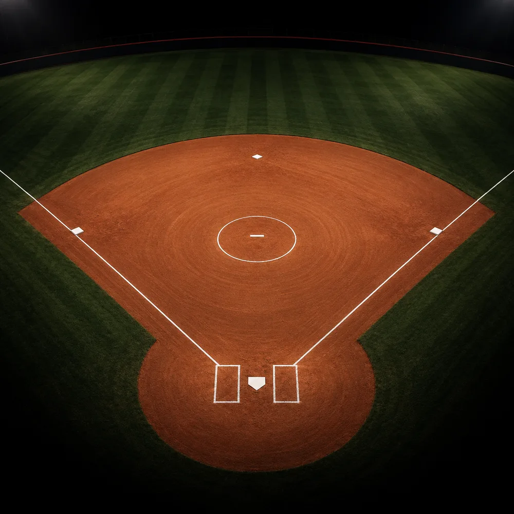 Illustrated softball field under stadium lights, with a clay infield and dark green outfield